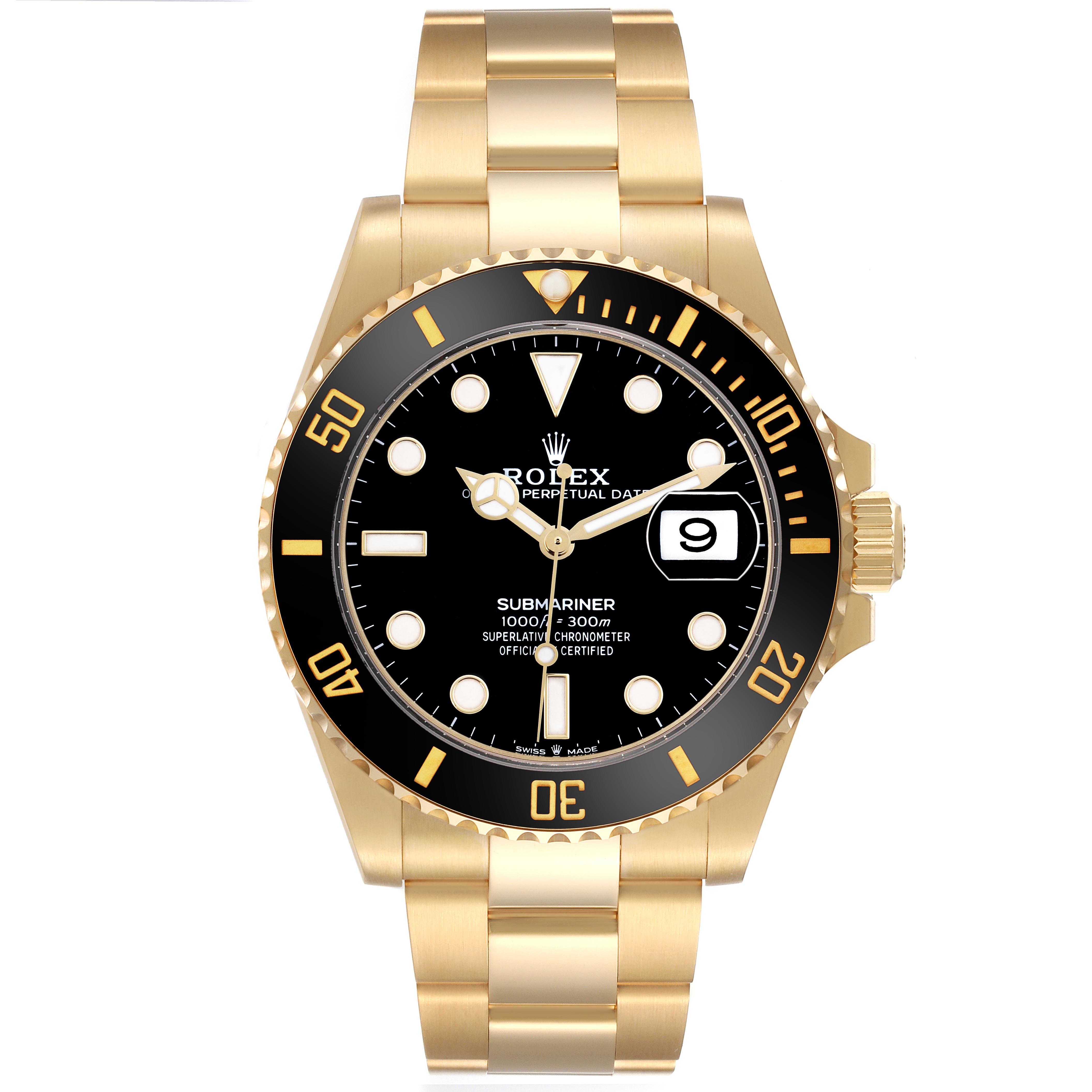 The Rolex Submariner 126618 Men's Yellow Gold Black Dial is shown from a front angle, displaying its gold bracelet, black dial, and bezel with date magnifier.